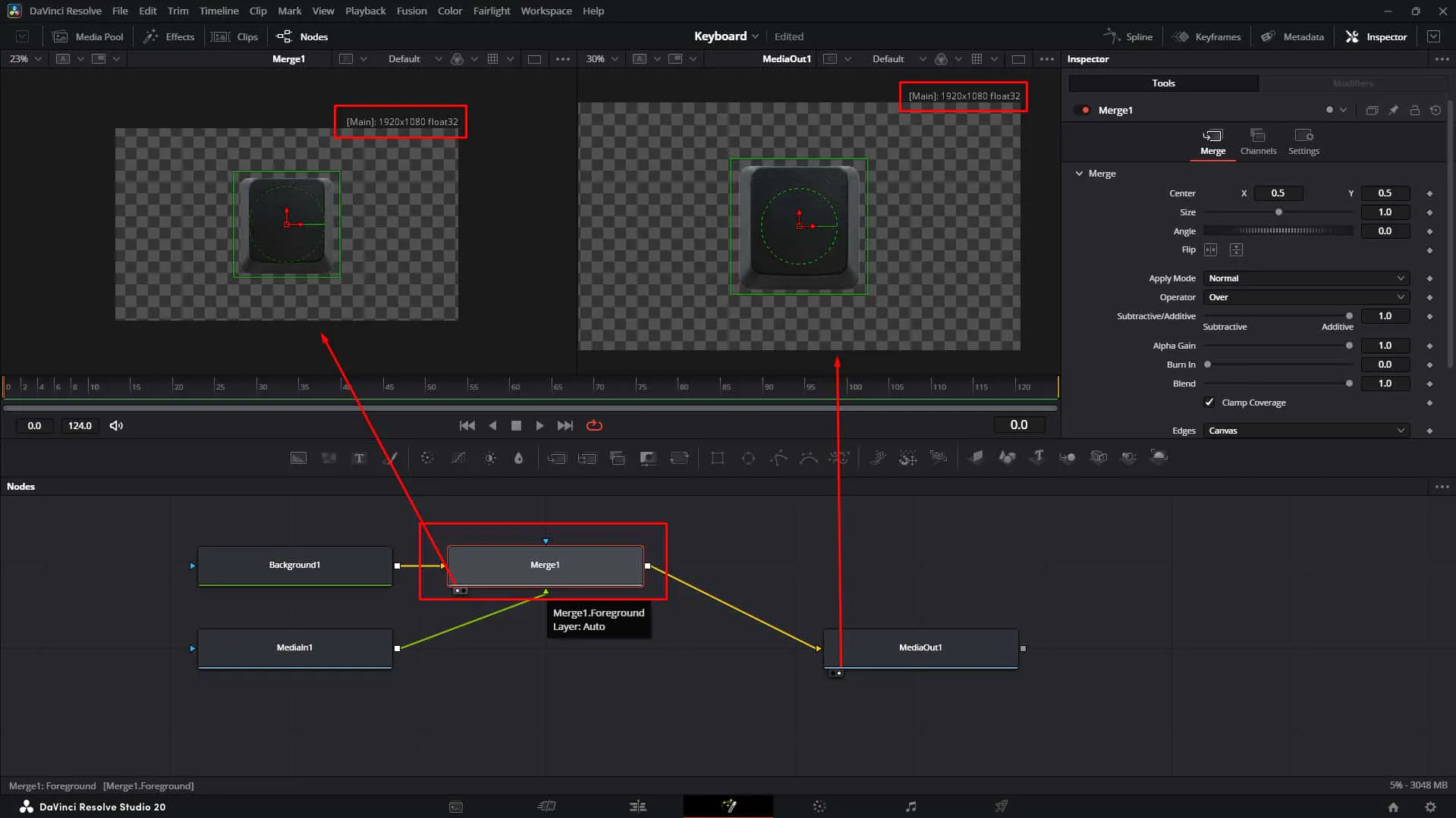 Check the merge node output now having screen dimension from background node dimension