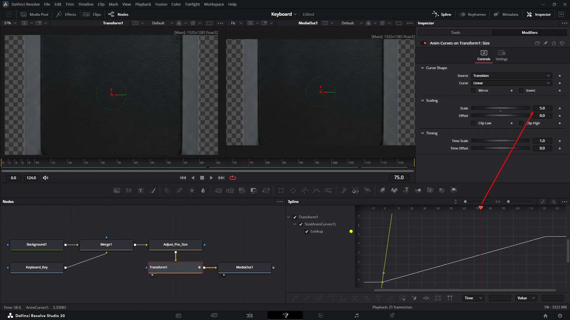 check how scale parameter of Anim Curve modifier works