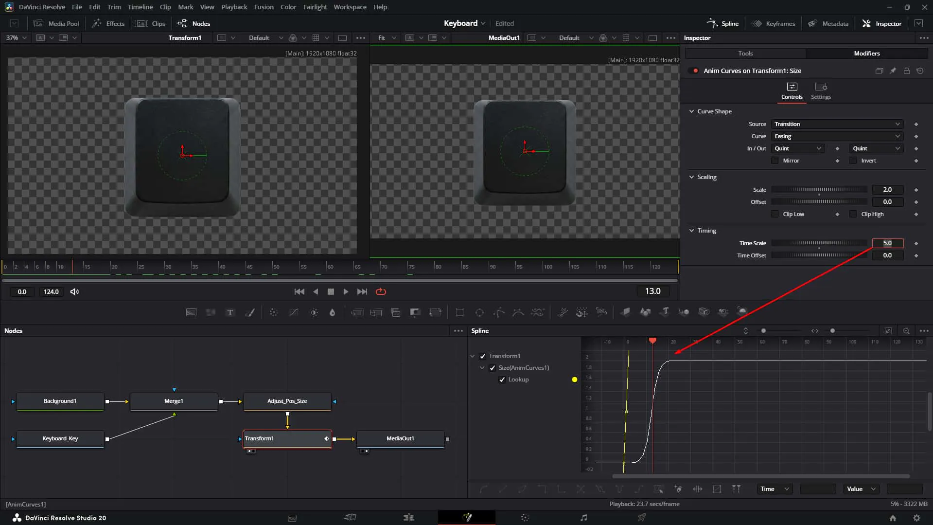 Apply Time Scale and check the result on Spline Curve