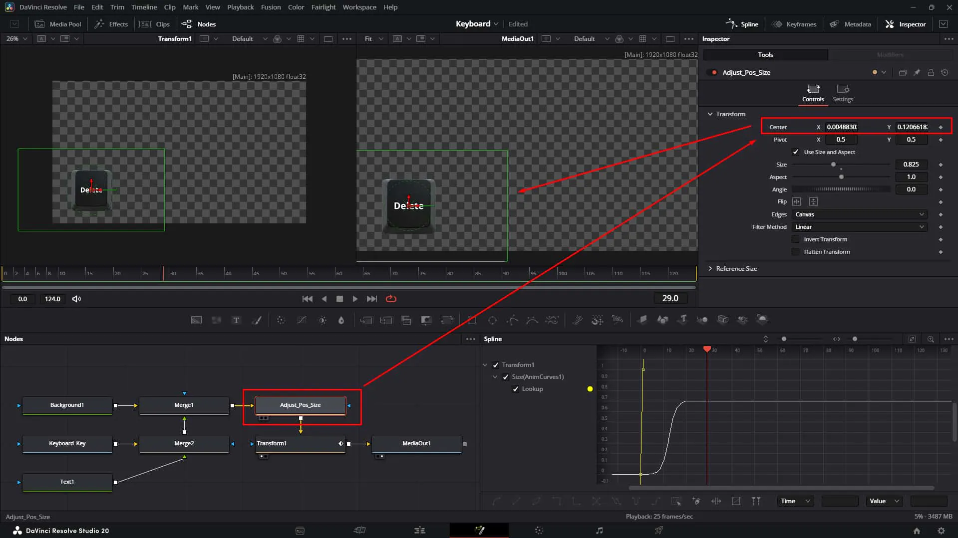 Change the Center of the Adjust Pos Size node to see the result of the animation