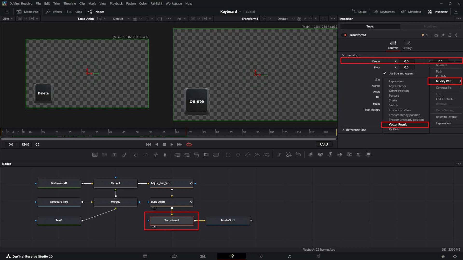 Add another transform node after Scale Anim node and add Vector result to the center properties .png