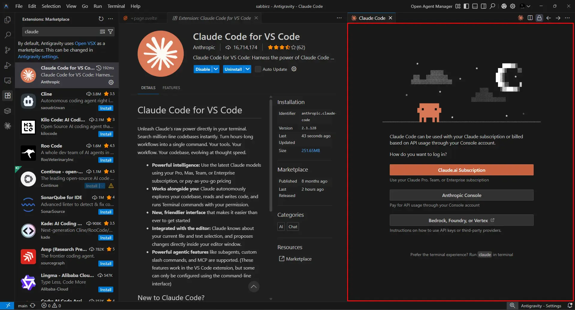 Claude Code extension working after installing the older version, showing the login options