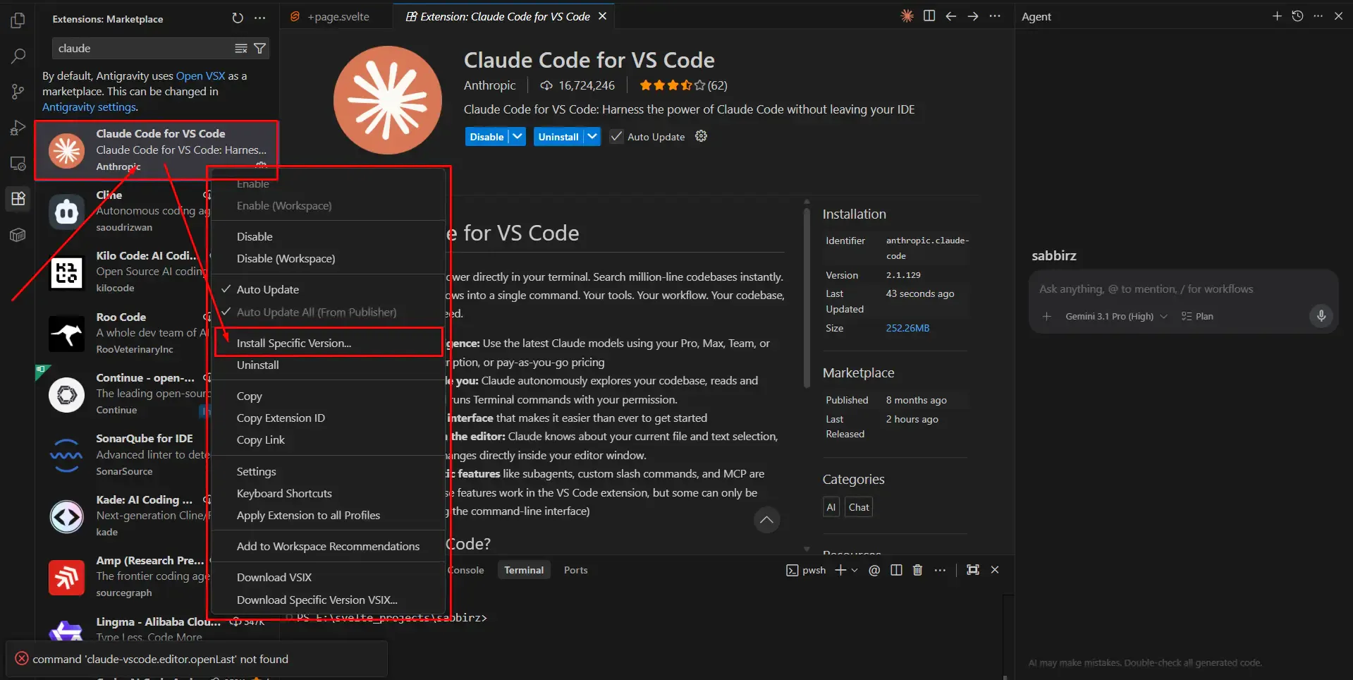 Right-clicking on the extension in the sidebar reveals the context menu with Install Specific Version option