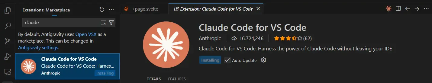 The extension showing Installing status after selecting the older version