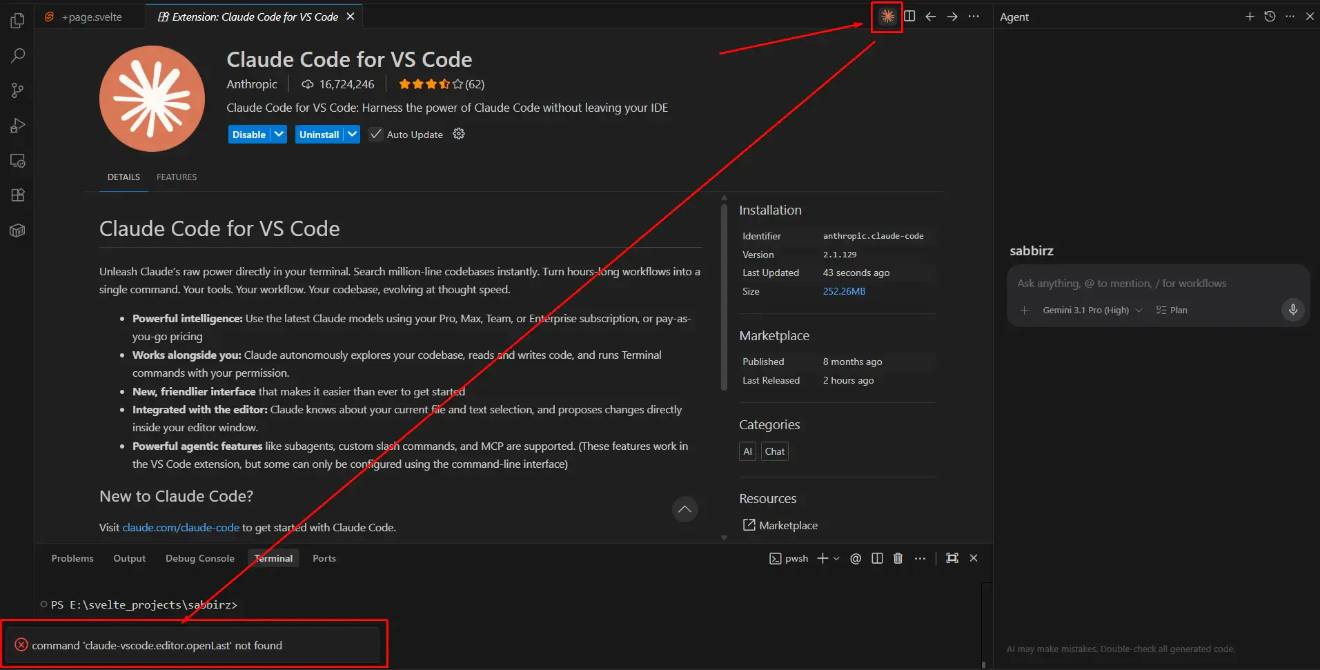 The error appearing at the bottom of VS Code when clicking the Claude icon