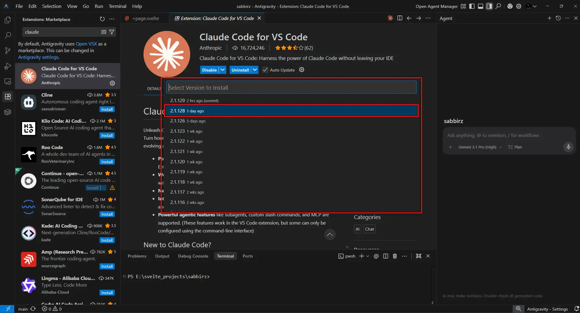 The version picker showing all available versions to choose from