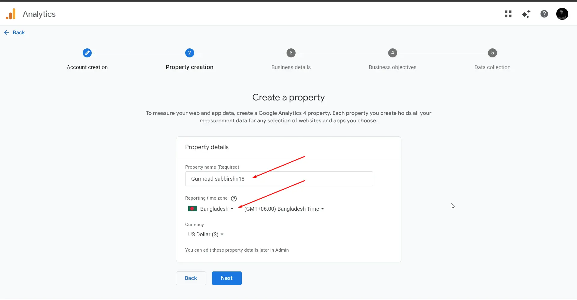 Name Property and Select Timezone