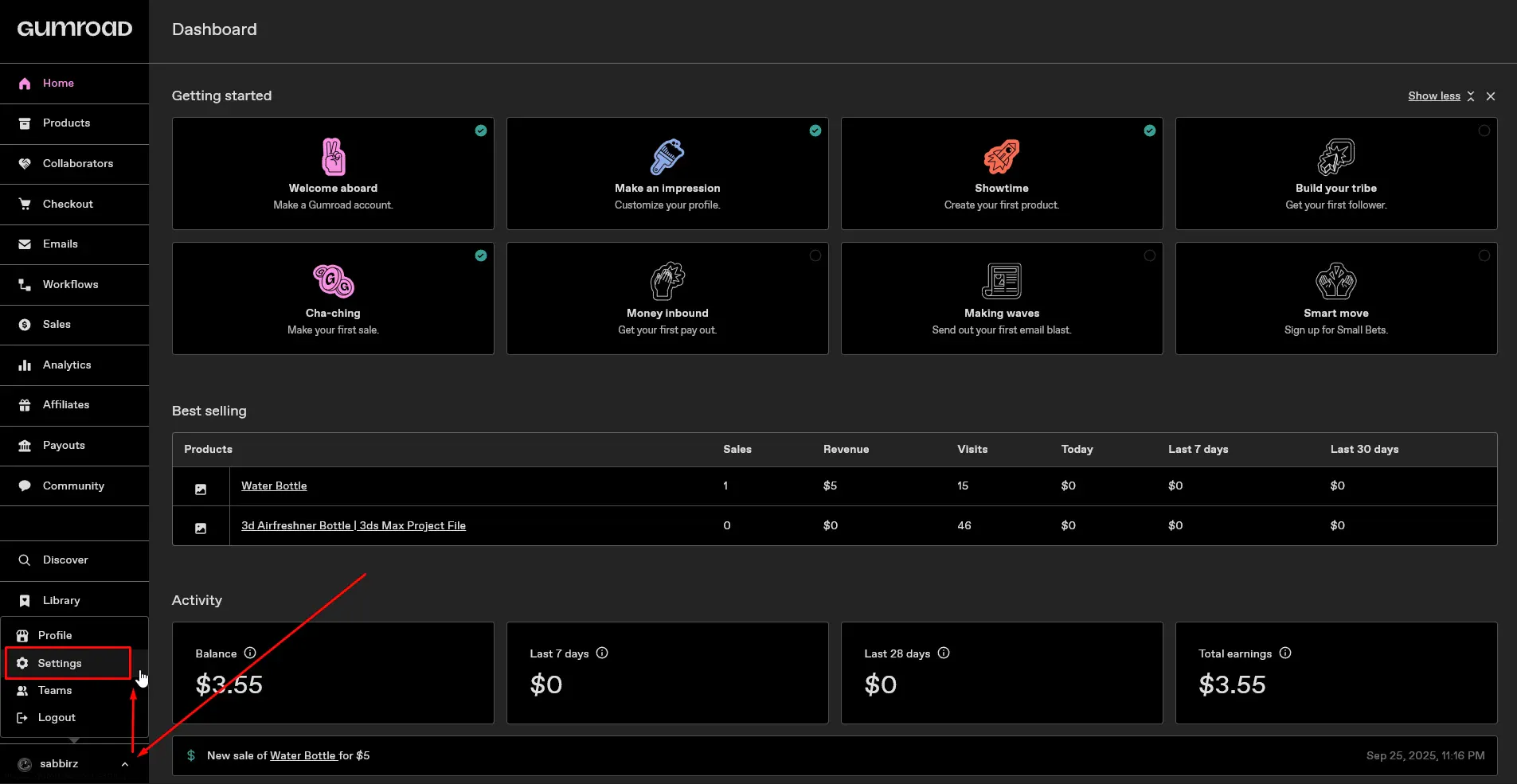 Gumroad Settings Panel