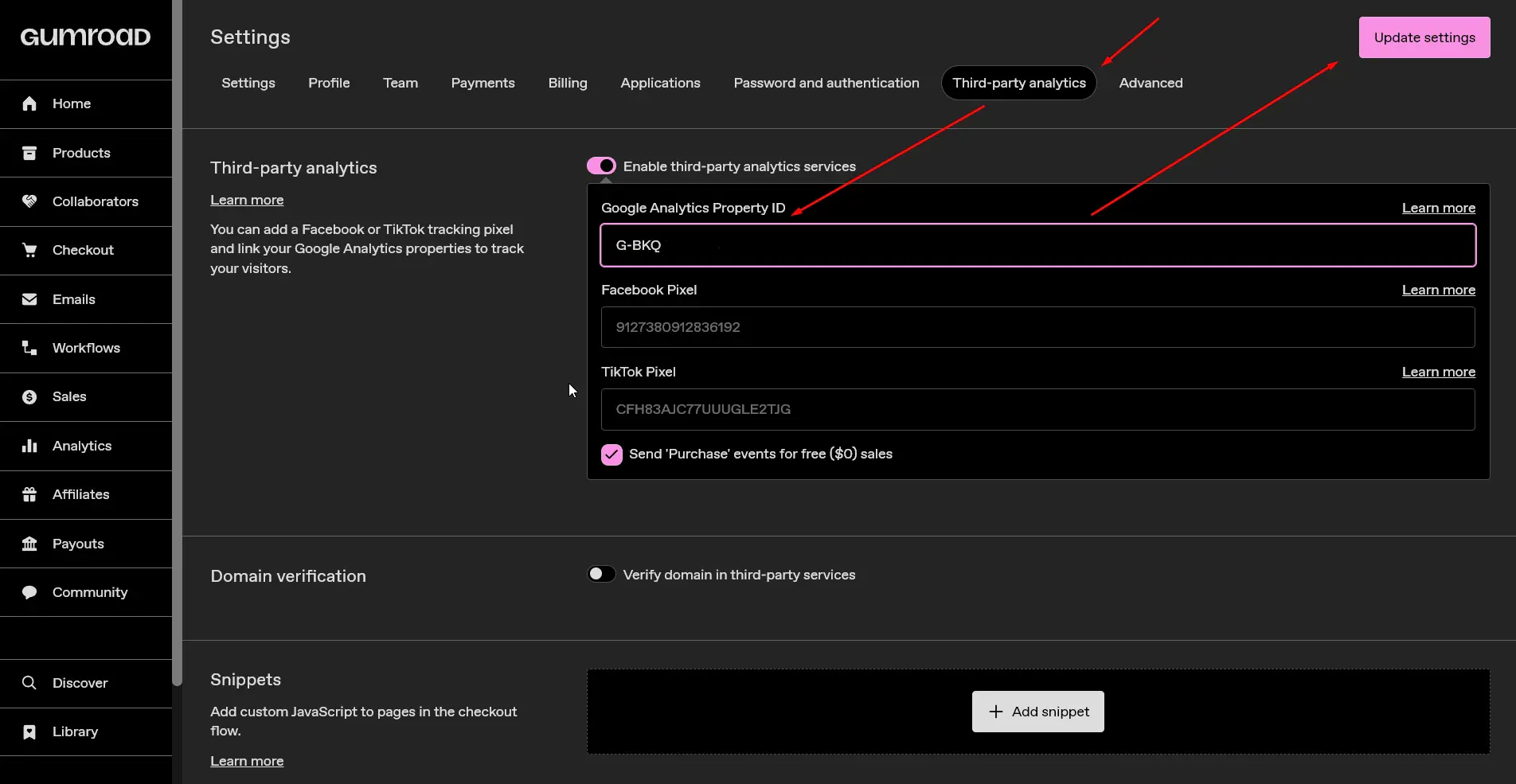 Paste the google analytics measurement id to gumroad