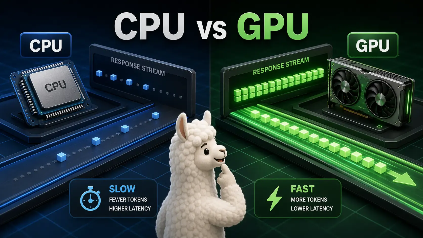 CPU-only Ollama compared with GPU-accelerated Ollama response generation