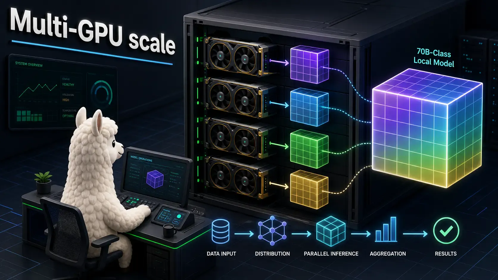 Multi-GPU Ollama setup distributing a large local model across several GPUs