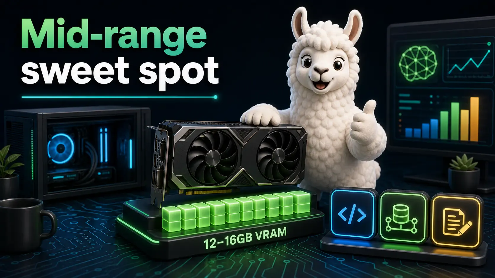 Mid-range Ollama GPU setup showing the 12 to 16GB VRAM sweet spot for developers