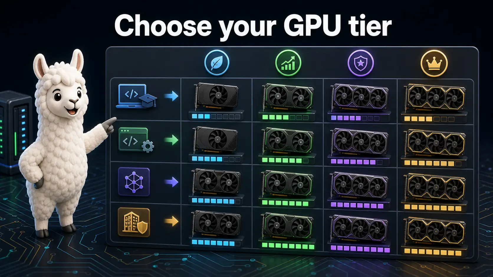 Quick GPU tier decision dashboard for choosing hardware based on Ollama use case