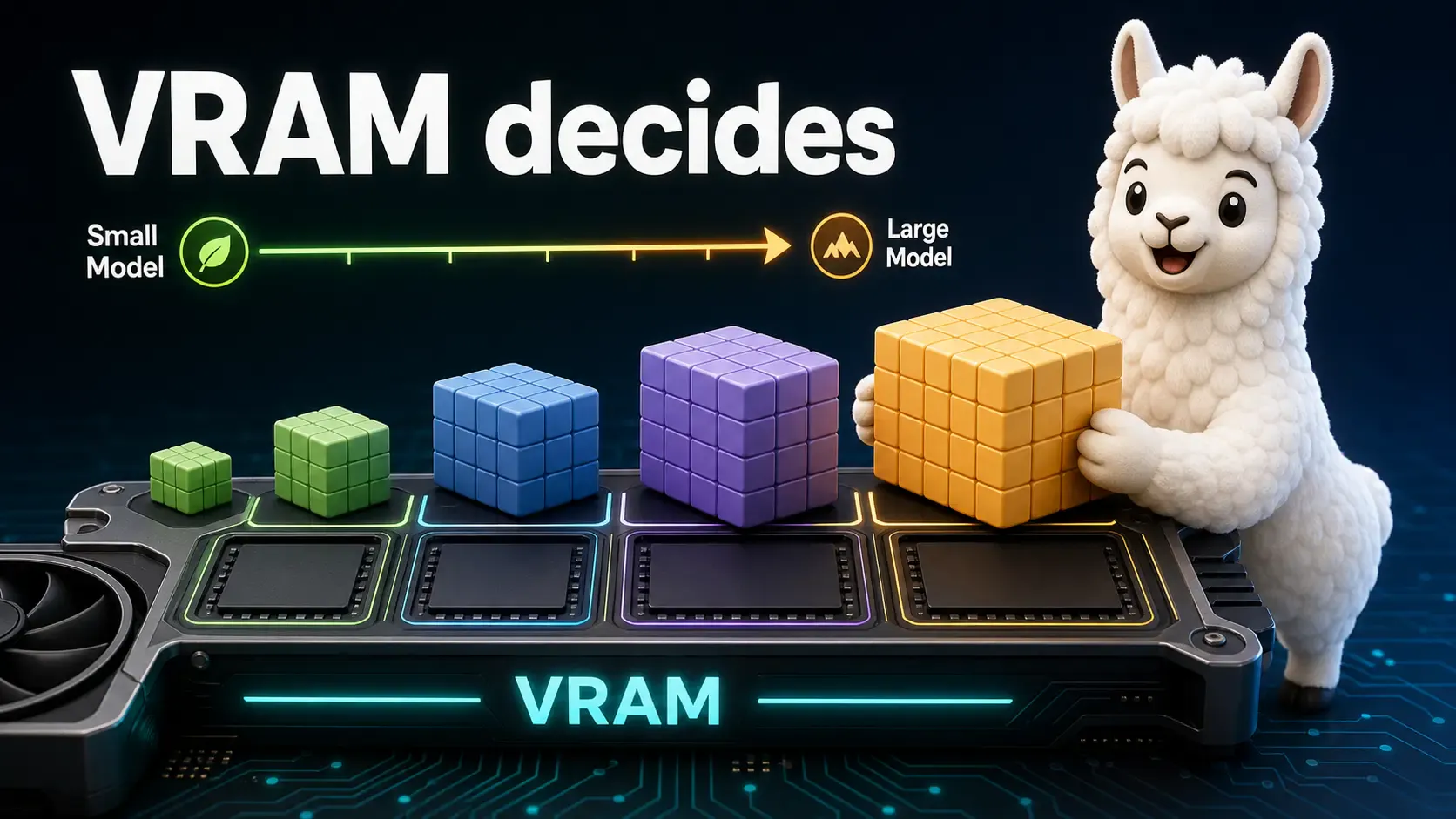 VRAM slots filling with model-size blocks to show why memory determines which Ollama models fit