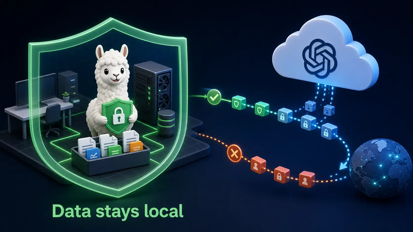 Local Ollama privacy boundary showing sensitive data staying inside your network