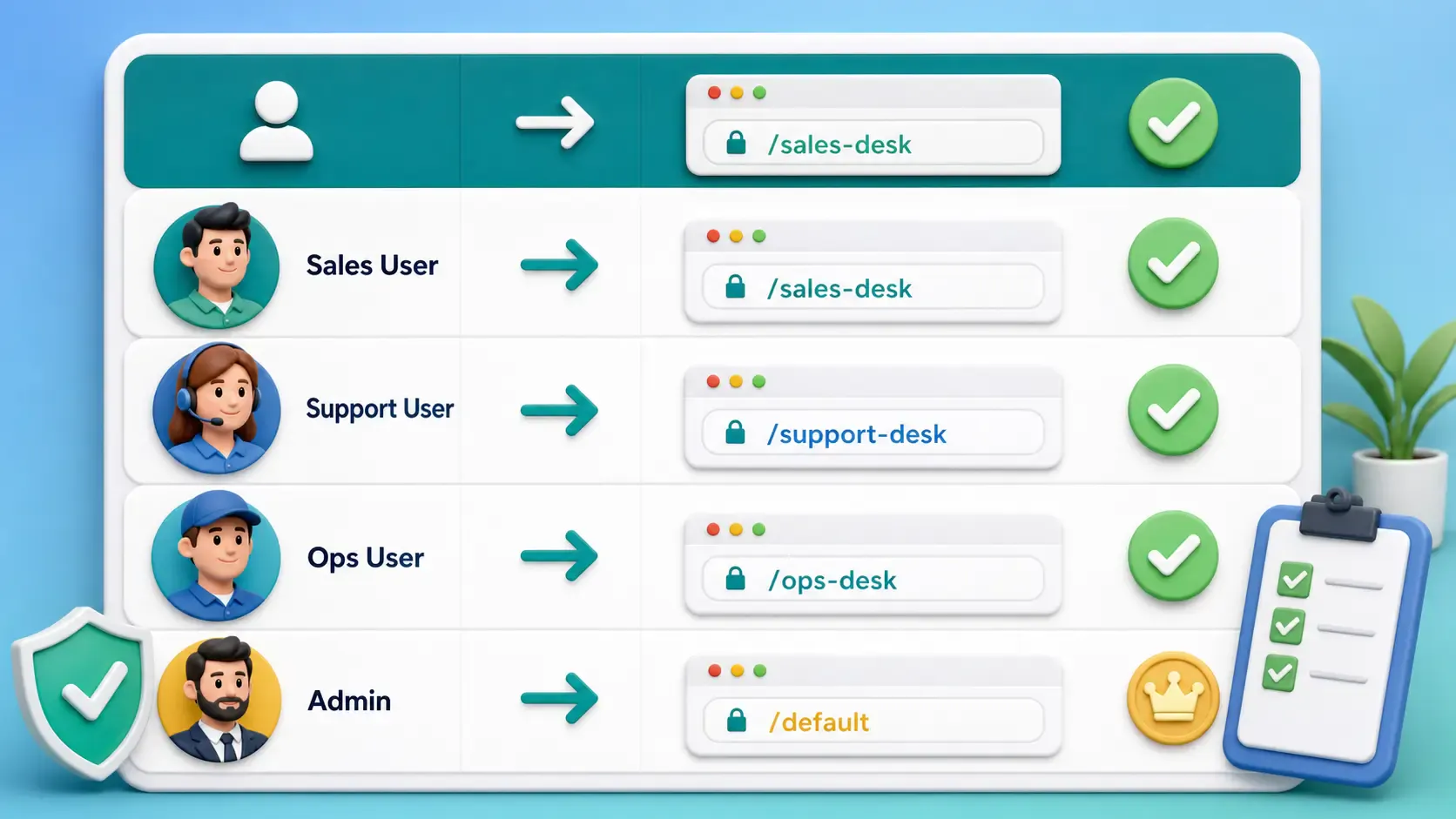 Testing Frappe workspace redirects for Sales, Support, Ops, and Admin users
