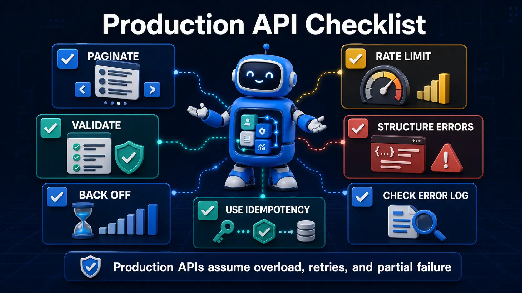 Production Frappe API checklist for pagination, rate limits, validation, errors, backoff, idempotency, and logs