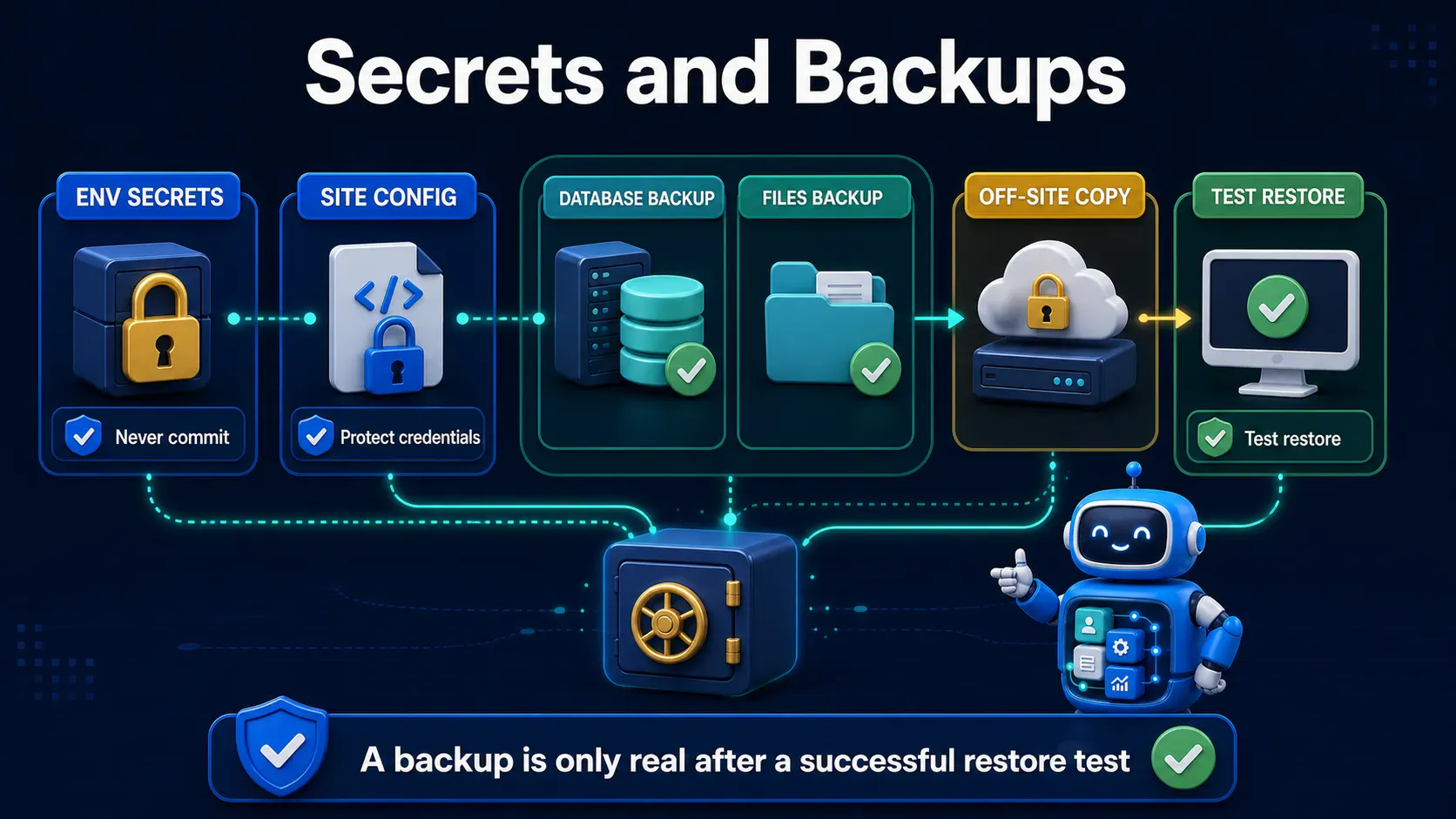 Production secrets and backups including off-site copies and restore tests