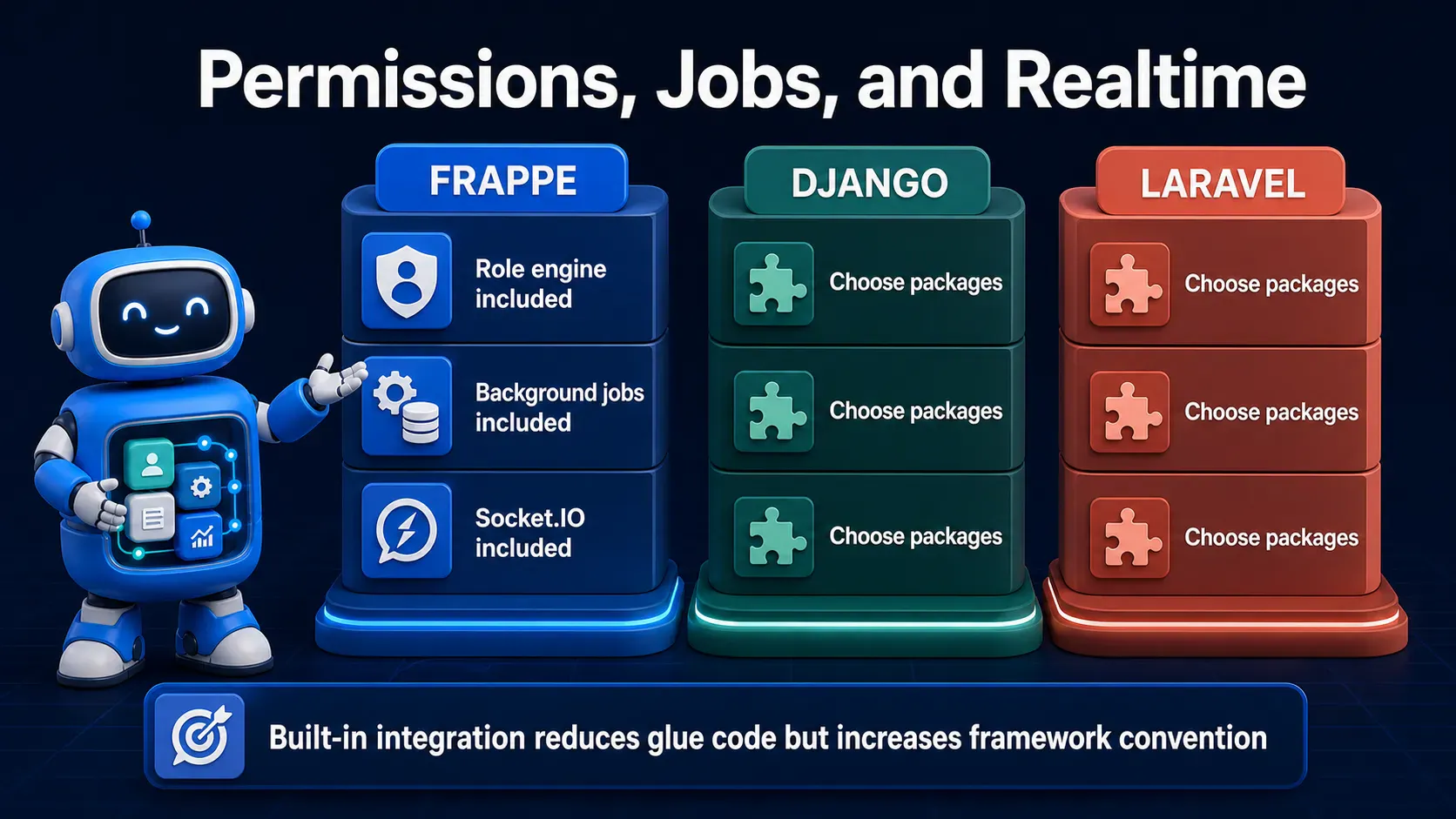 Permissions, background jobs, and realtime capabilities in Frappe, Django, and Laravel