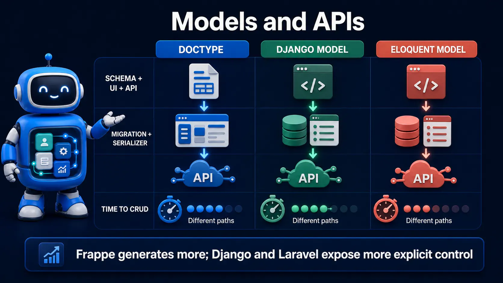 Model and API development paths using Frappe DocTypes, Django models, and Laravel Eloquent