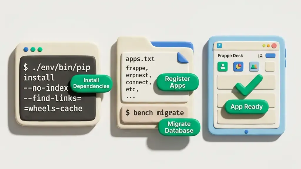 Offline bench pip installation and app registration workflow