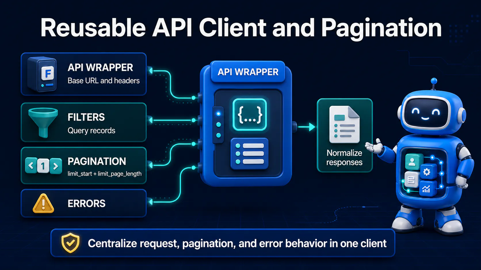 Reusable Frappe API client with filters, pagination, and normalized errors