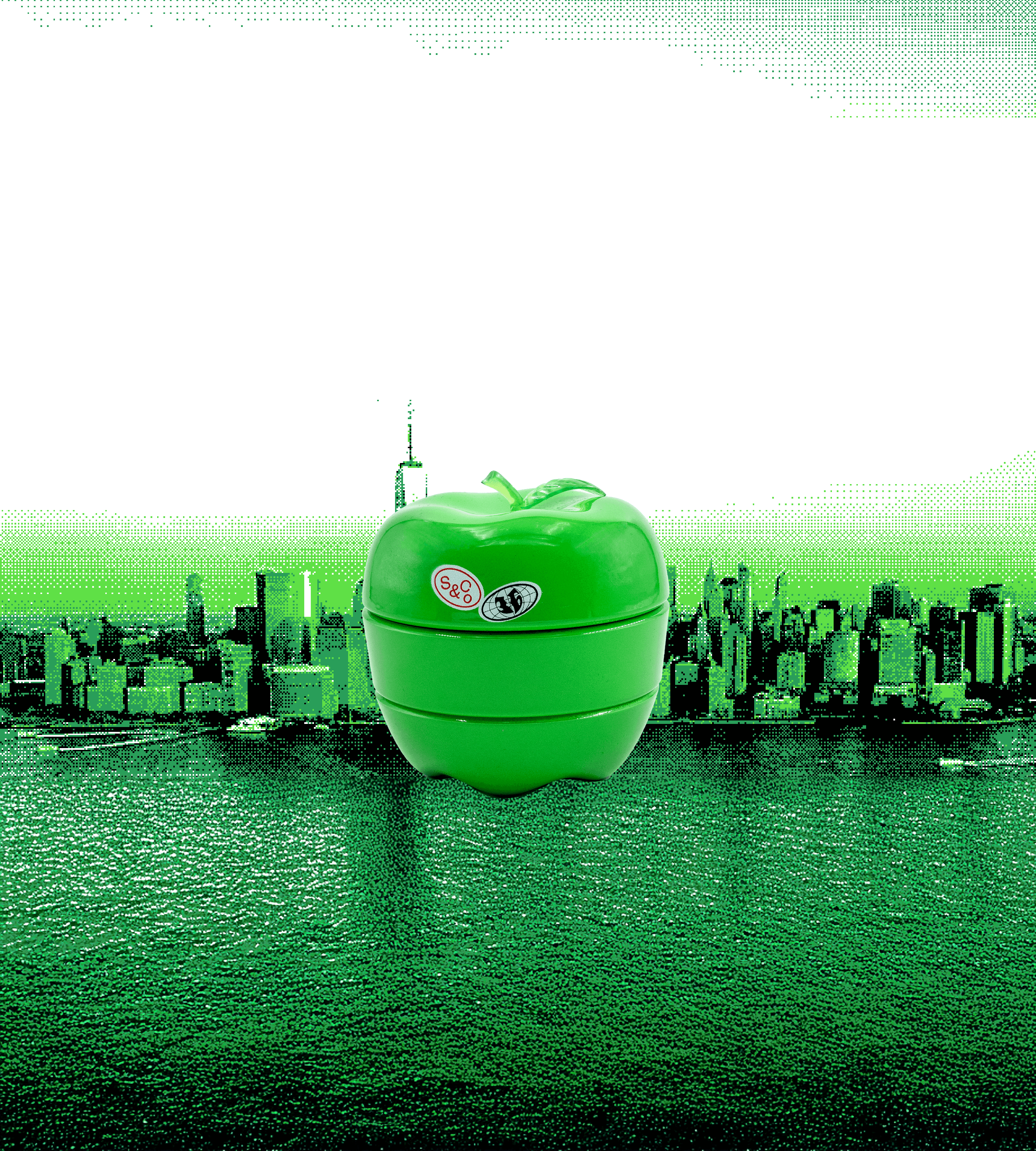 Image of Green apple grinder on NY skyline