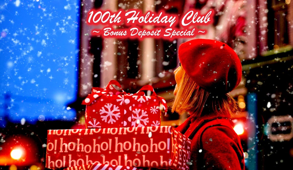 Woman dressed in red, wool coat and beret carring red, wrapped packages across a twinkle light-lit snowy downtown street.