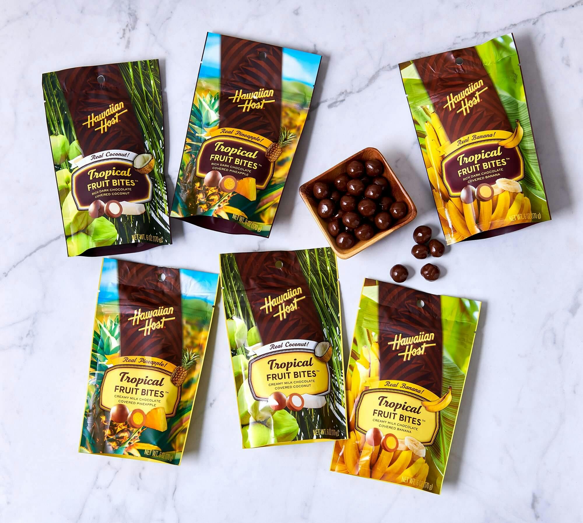 Bag packaging of Hawaiian Host's chocolate covered fruit bites.