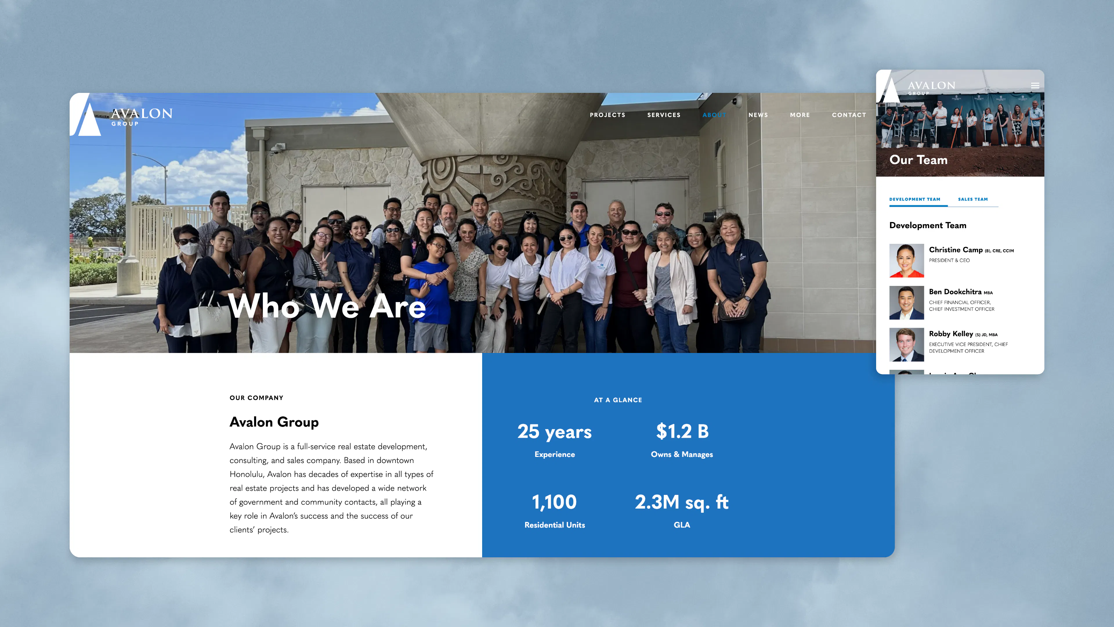 Avalon Group Website's "About" page on a desktop screen with "Our Team" on a mobile screen on top