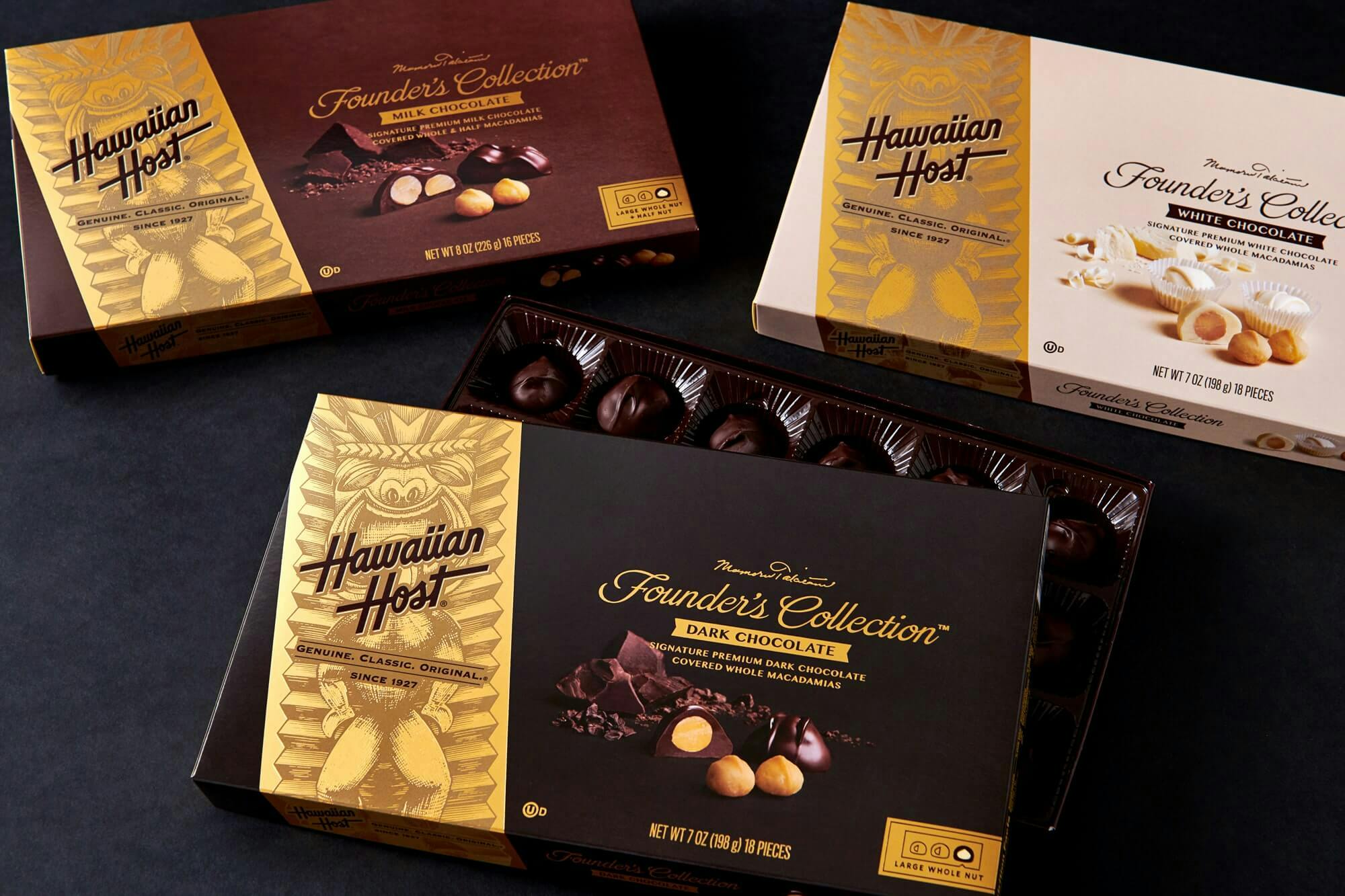 Hawaiian Host Founders Collection Packaging of Dark Chocolate, White Chocolate, and Milk Chocolate Boxes