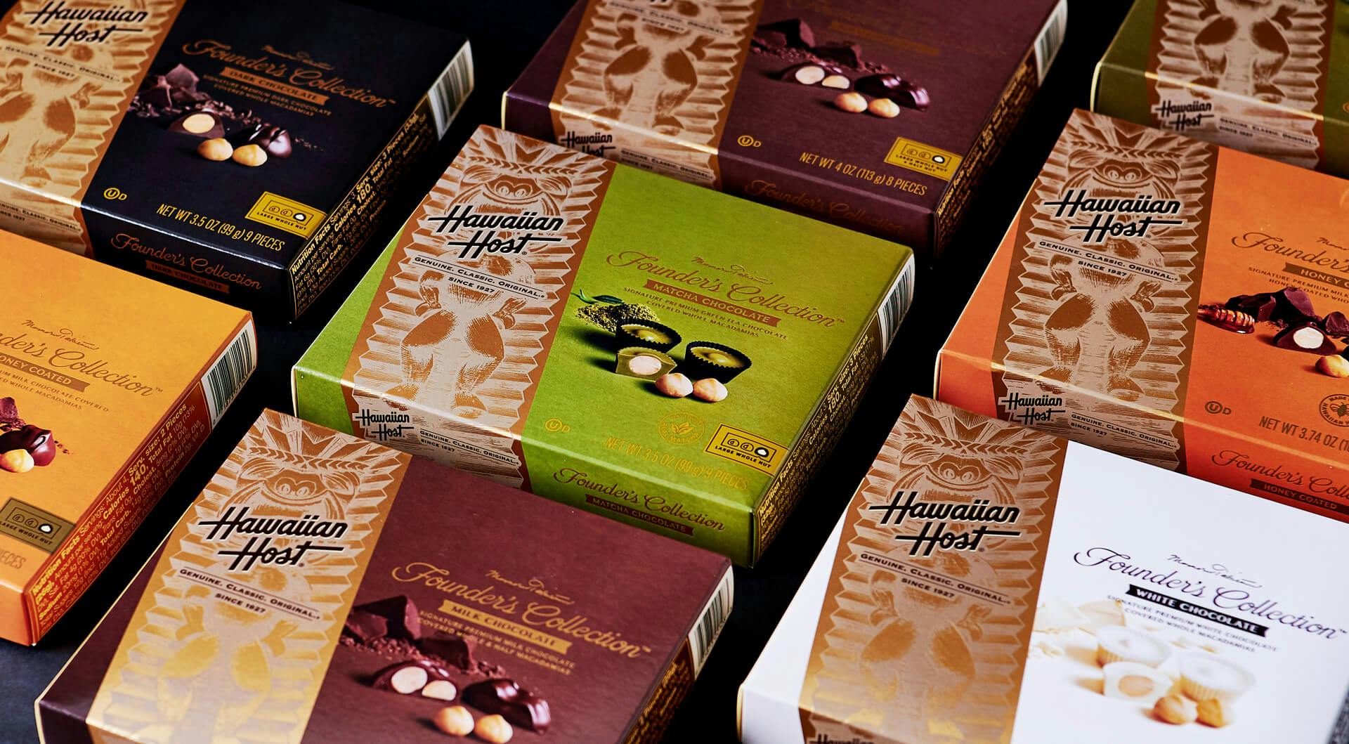 The Founders Collection Package design carried on several boxes of different flavored chocolate covered macadamia nuts. Flavors range from white chocolate, matcha, honey-coated, dark chocolate, mik chocolate, and more. 