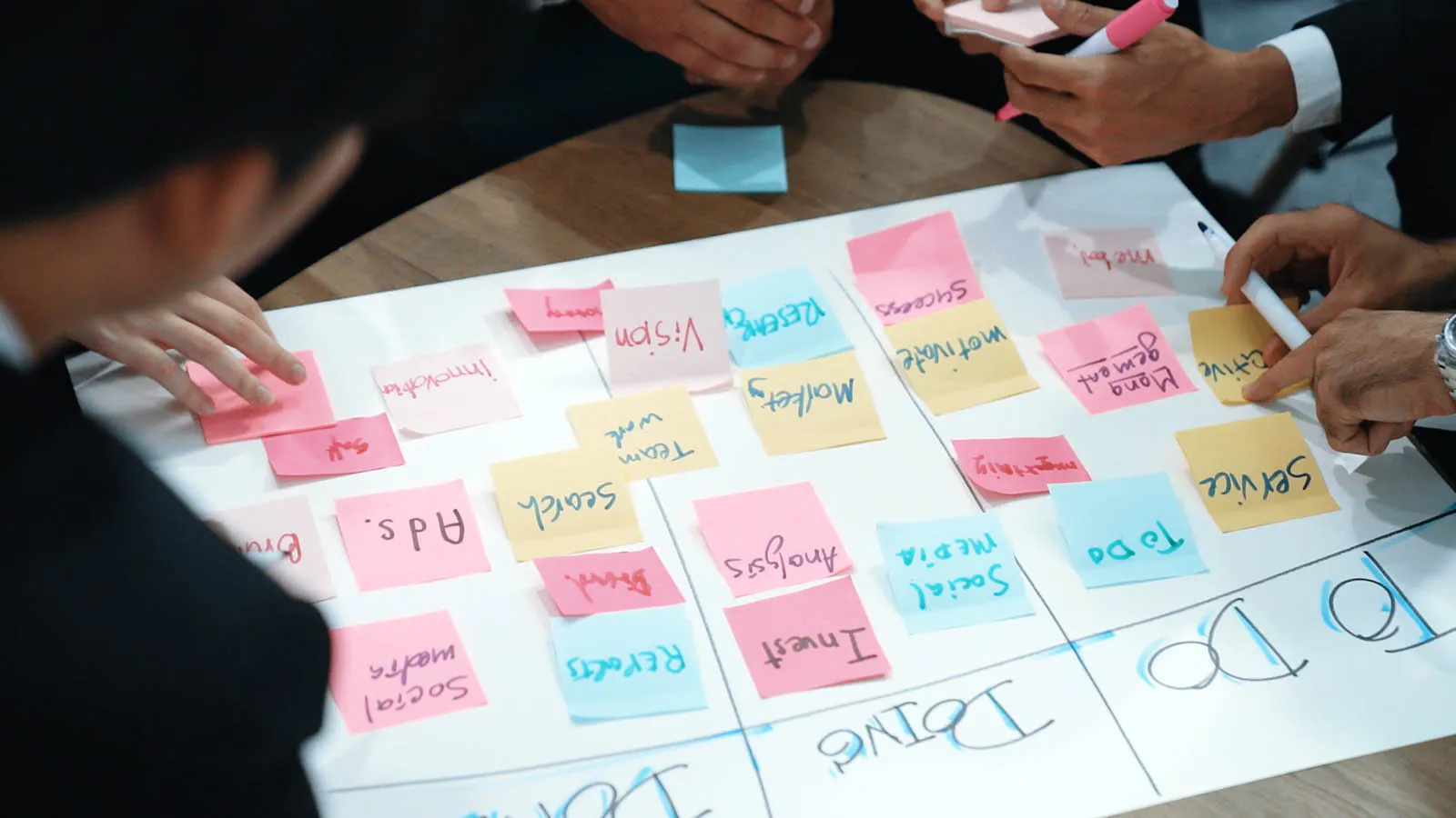 Hands arranging colorful sticky notes on a planning table
