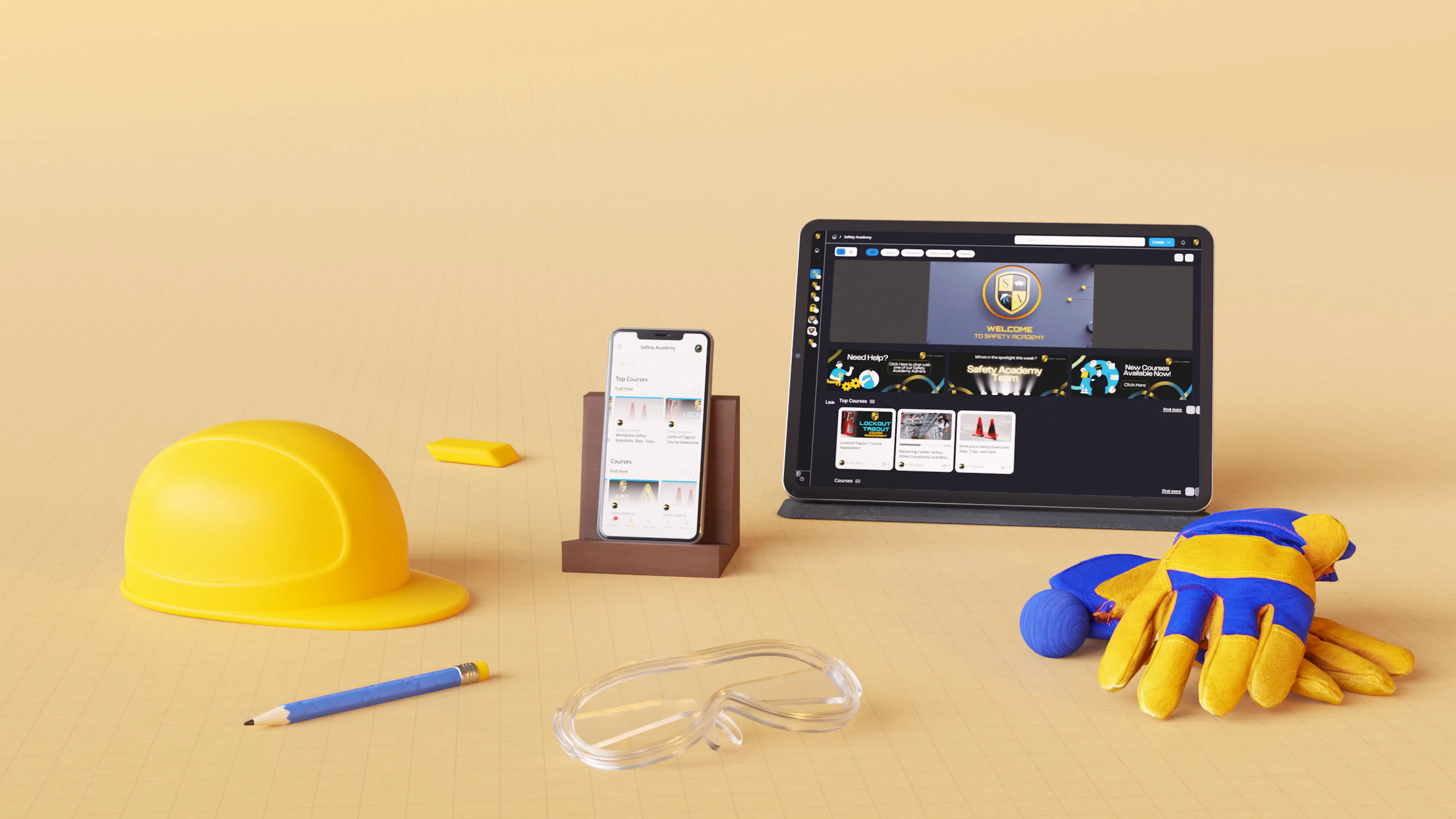 Training Workplace Skills Learning Development Safety Compliance Management  Leadership Productivity Operations Performance Knowledge Improvement Success Hardhat Phone Tablet Gloves Goggles Pen Safety Training Equipment Tools