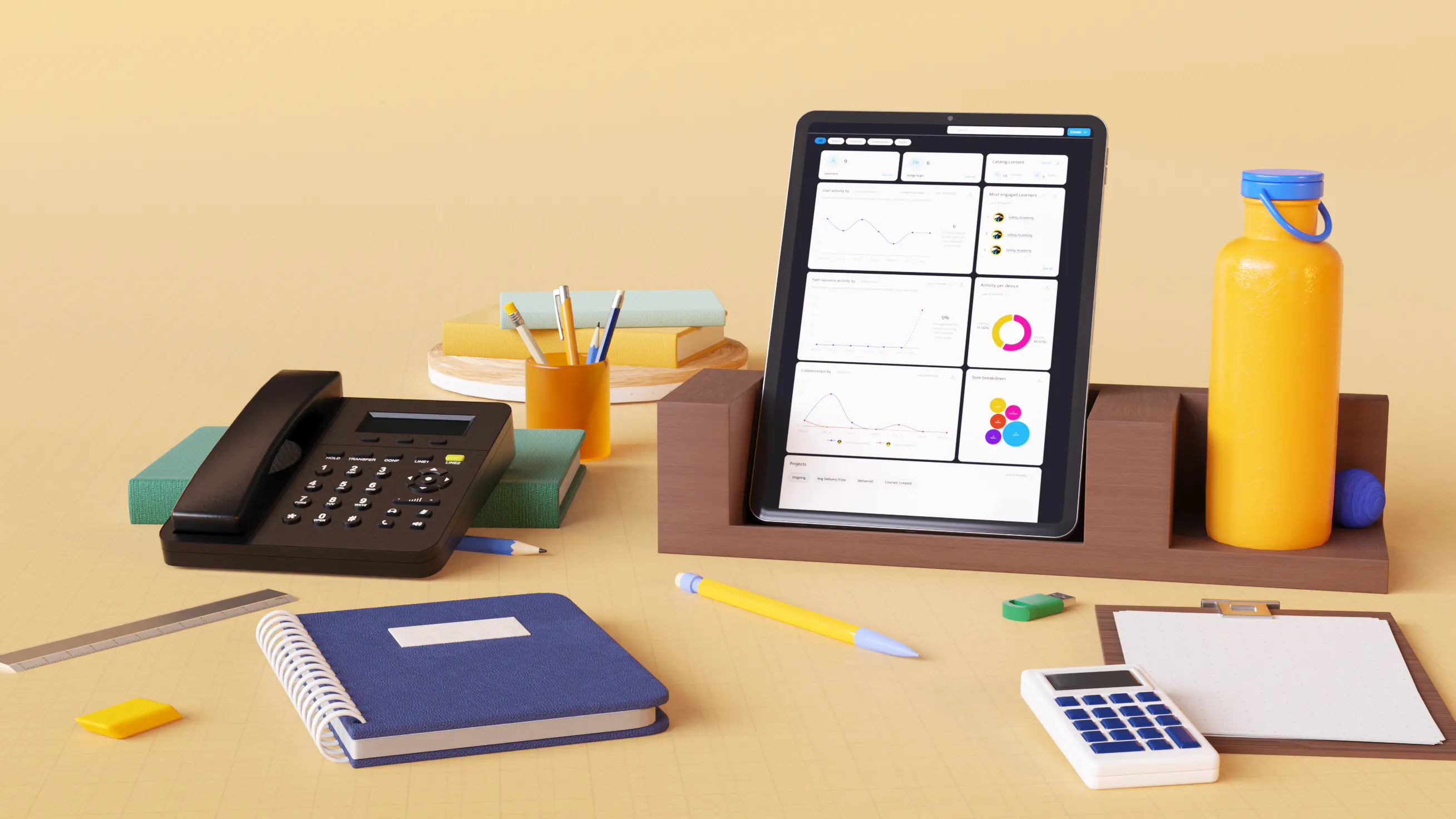 Leadership Management Strategy Vision Planning Decision Coaching Teamwork Influence Motivation Guidance Training Development Organization Performance Tablet Phone Notebook Calculator Pens Desk Office Planner Bottle Workspace