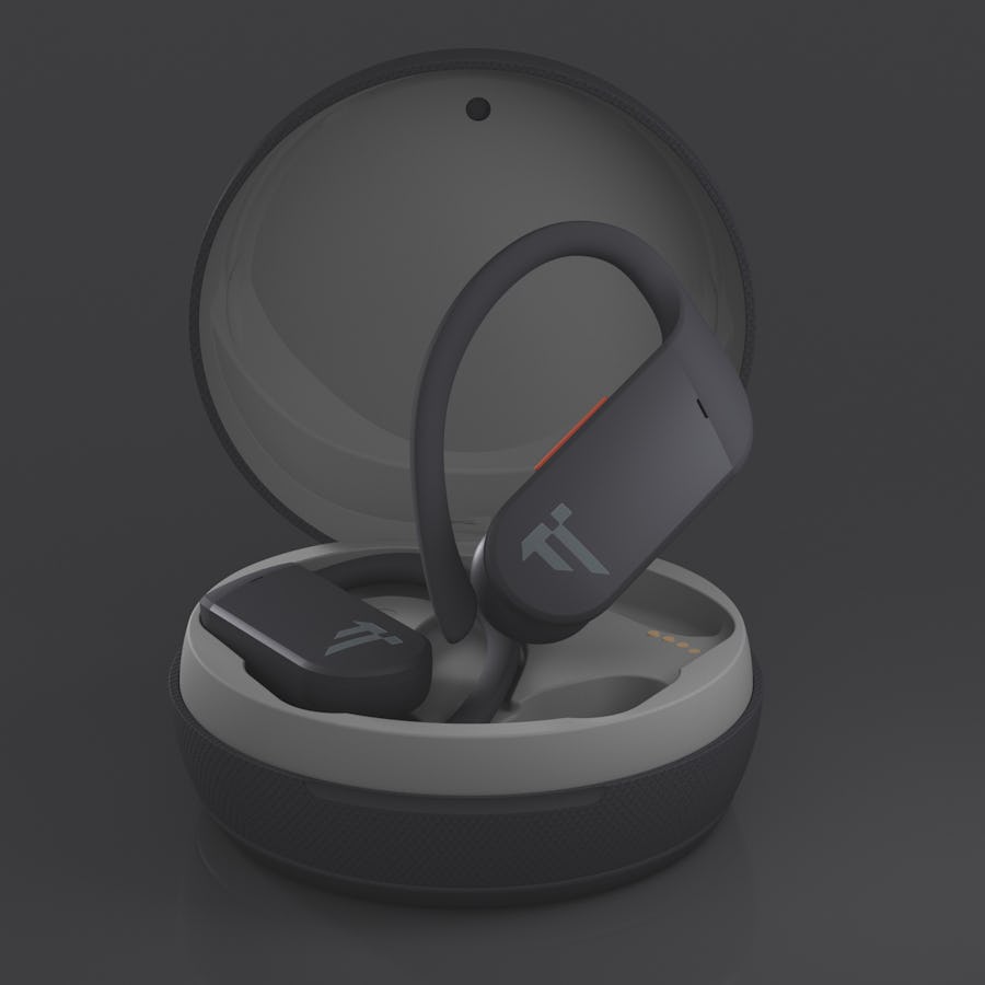 Svarta hörlurar i ett fodral, 3D visualisering för Dóttir Audio, gjord av Saga Production