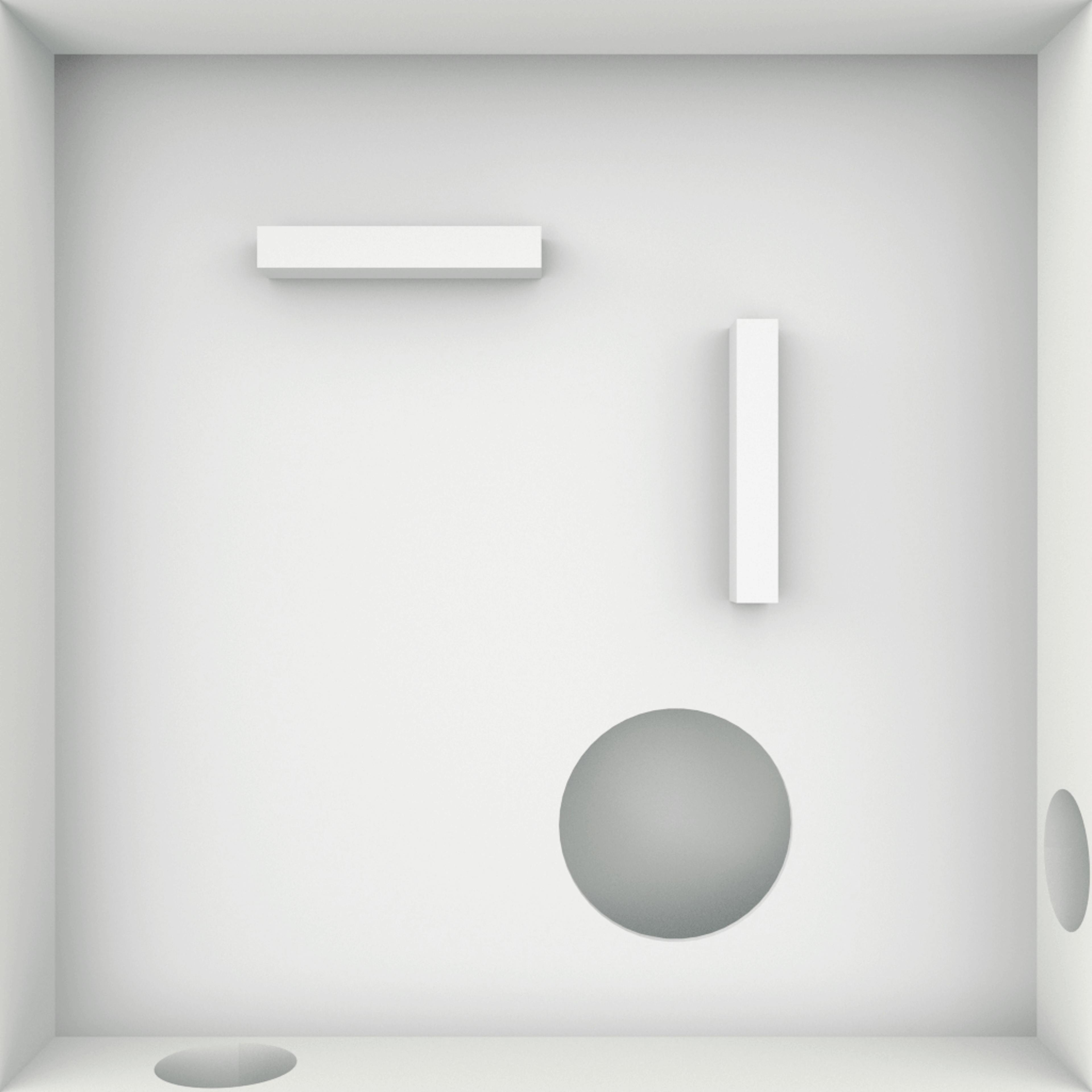 A maze of white boxes and holes on a square white background.