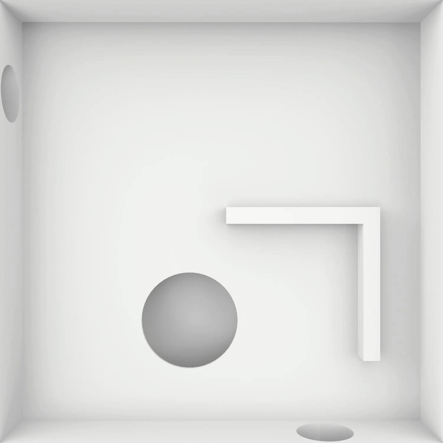 A maze of white boxes and holes on a square white background.