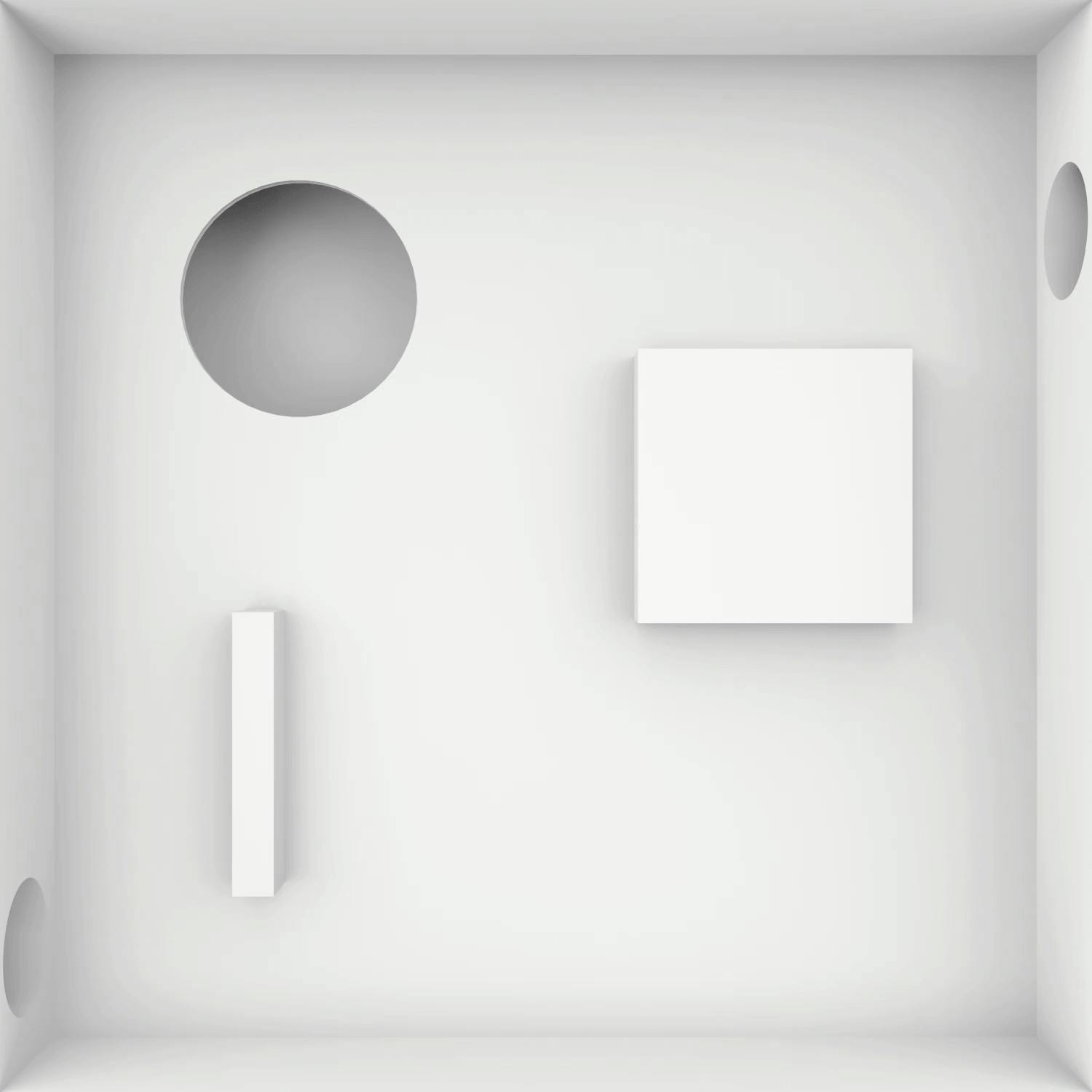 A maze of white boxes and holes on a square white background.