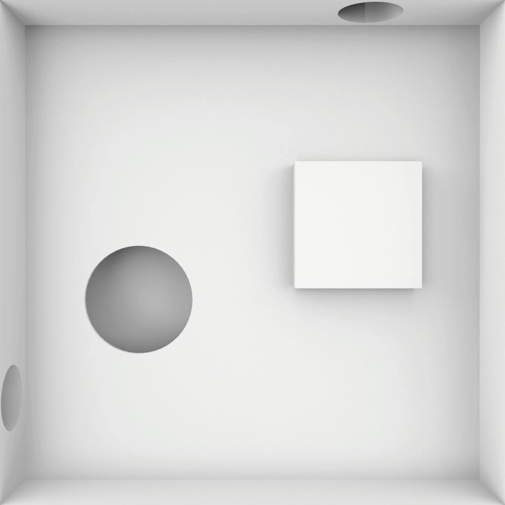 A maze of white boxes and holes on a square white background.