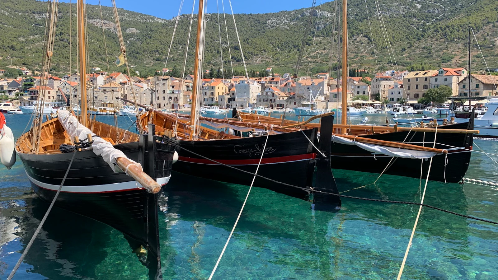 Traditional wooden boats in Komiža harbour on Vis, Croatia