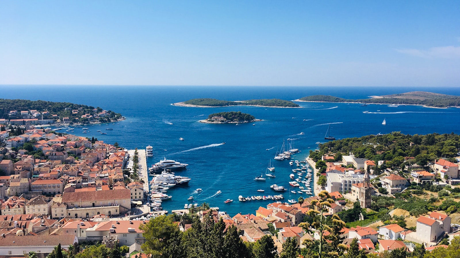 Wide harbour view over Hvar and the Pakleni islands, Croatia