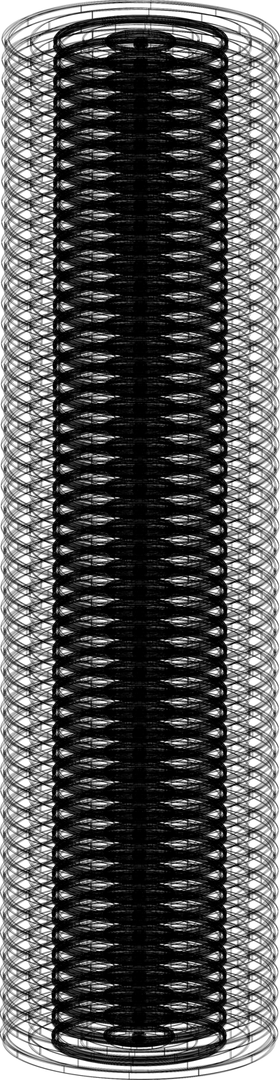 Cylindrical graphic of overlapping black circles and rotating text animation that reads, 'a conduit ,a process ,a render ,a spirit ,an embodiment ,an expression ,a community ,a blueprint ,a guide ,a force'