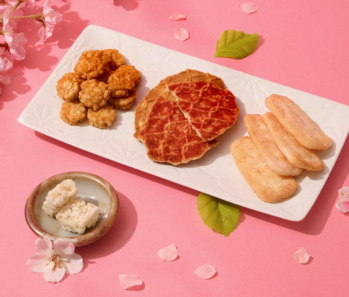 Wagashi and snacks with seasonal sakura and plum flavors