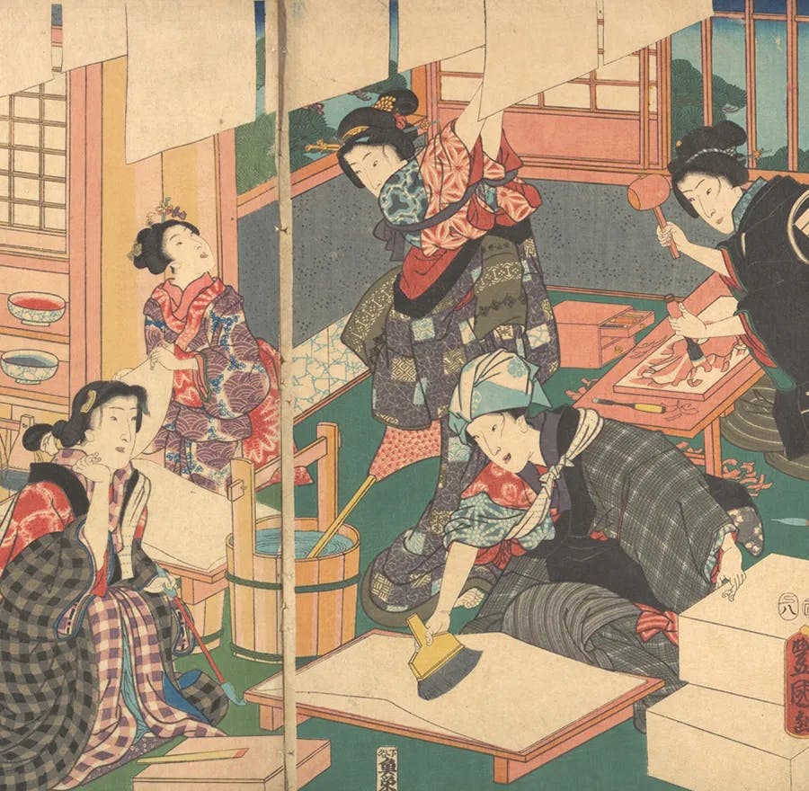 An ukiyo-e of Edo Period artisans creating woodblock prints