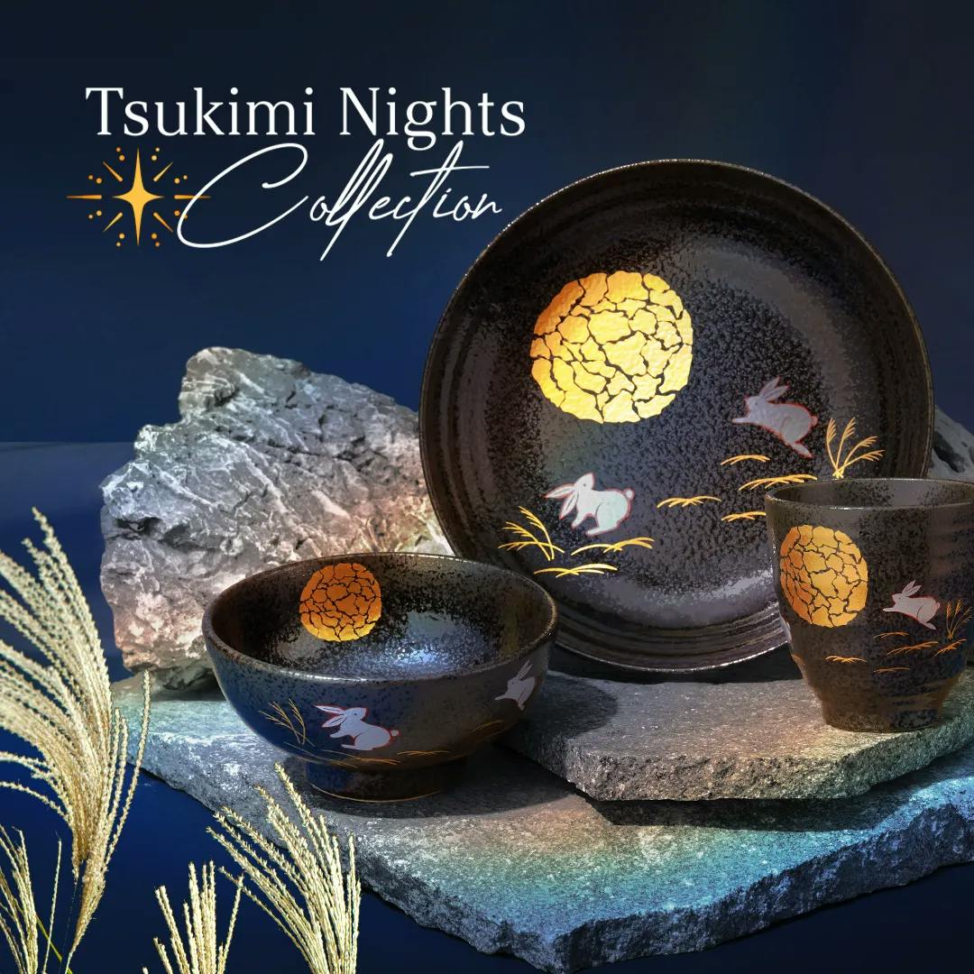 Tsukimi Nights Collection: Japanese mino ware ceramics on midnight blue background