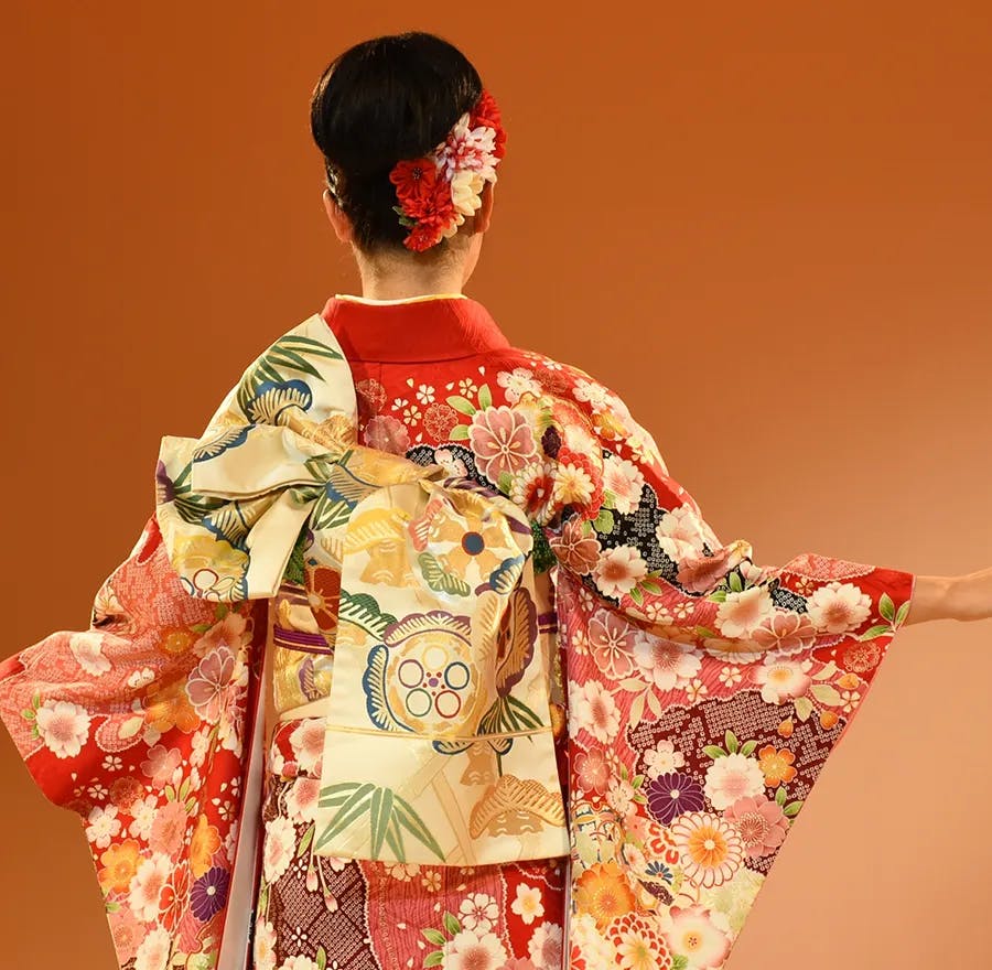 A woman in a vibrant kimono