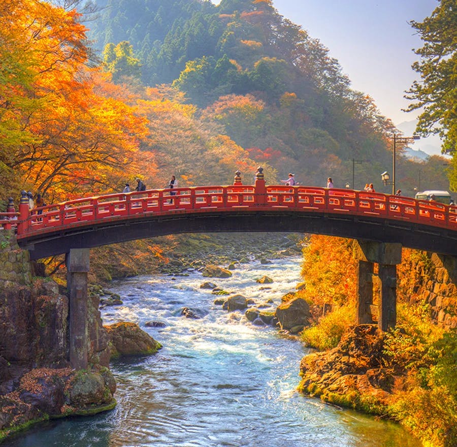 View of Shinkyo Bridge in Nikko, Japan, during autumn.
