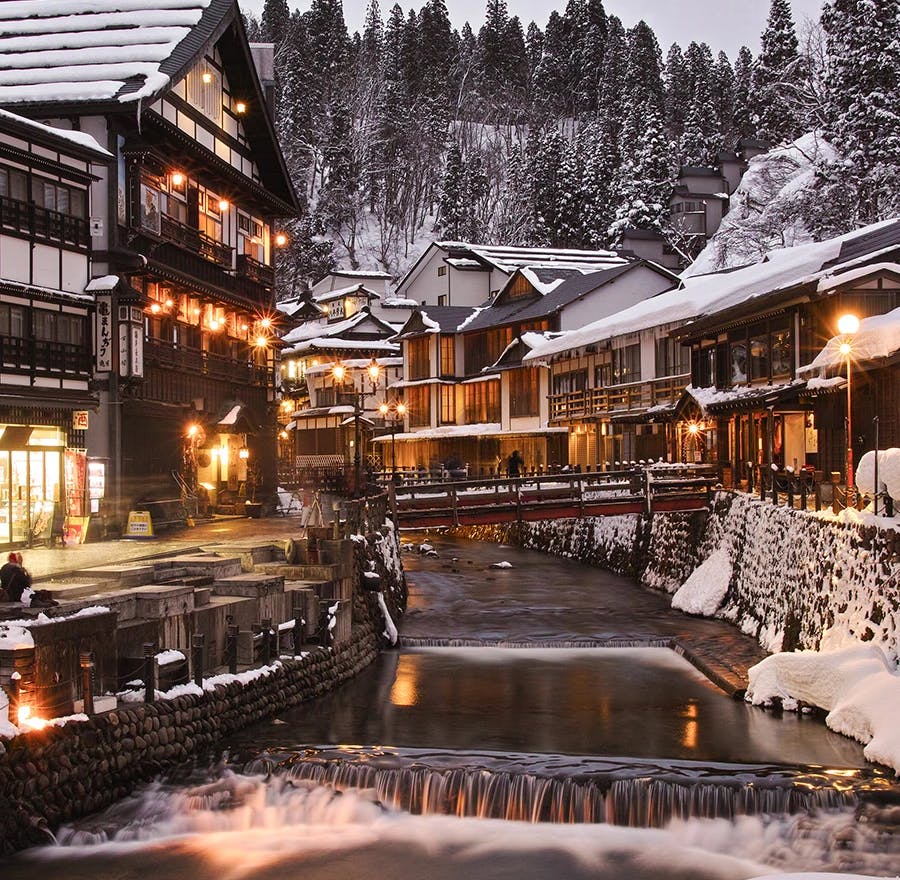 A view of an onsen in winter.