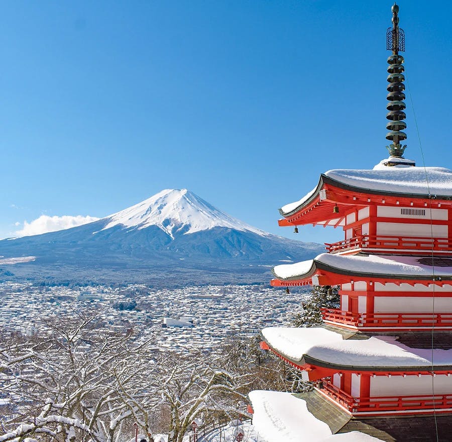 A view of Chureito Pagoda overlooking Mt. Fuji.